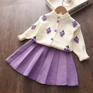 Baby Girl's Round Neck Long Sleeve Plain Pattern Pleated Skirt Set