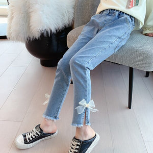 Kid's High Elastic Waist Bow Style Cut Slim Pocket Denim Jeans
