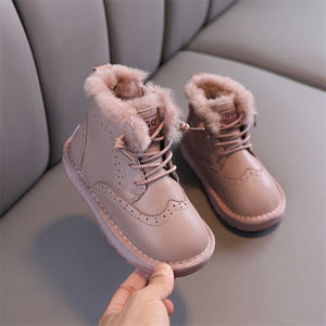 Kid's Leather Round Toe Plain Pattern Lace Up Casual Wear Boots