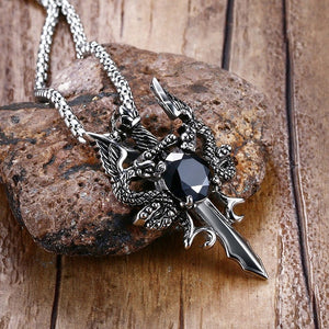 Men's Stainless Steel Double Dragon Sword Pendant Round Necklace