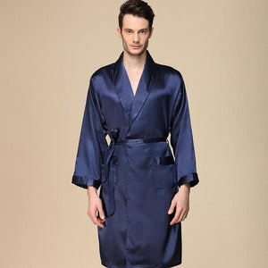 Men's Silk Open Long Sleeves Plain Waist Belted Sleepwear Gown