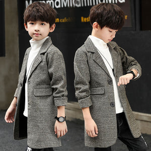 Kid's Turn Down Collar Buttoned Single Breasted Long Coat