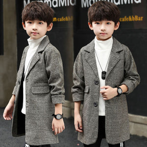 Kid's Turn Down Collar Buttoned Single Breasted Long Coat