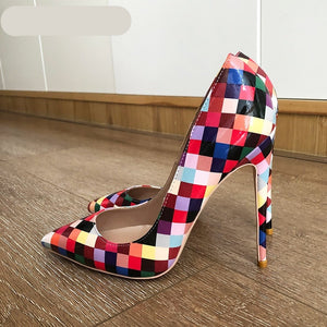 Women's Pointed Toe Plaid Printed Pattern Slip On High Heels Shoes
