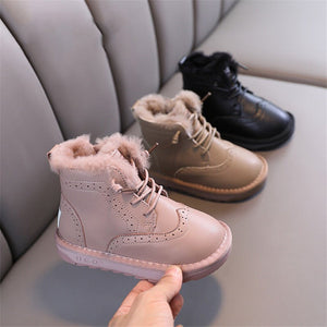 Kid's Leather Round Toe Plain Pattern Lace Up Casual Wear Boots