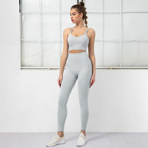 Women's Spaghetti Strap Crop Top Plain Leggings Gym Wear Set