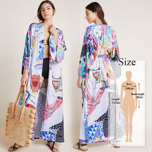 Women's Open Stitch Flare Sleeve Printed Beach Split Cover Up