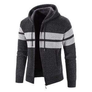 Men's Stand Hooded Collar Zipper Stripe Pattern Warm Jacket