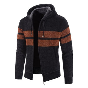 Men's Stand Hooded Collar Zipper Stripe Pattern Warm Jacket
