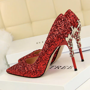 Women's Pointed Toe Glitter Carving Wedding Bridal Shoes