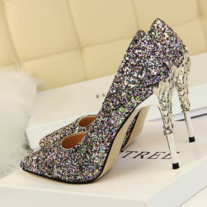 Women's Pointed Toe Glitter Carving Wedding Bridal Shoes