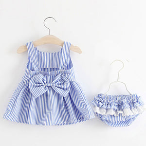 Baby Girl's Round Neck Sleeveless Printed Bow Flare Dress With Hat