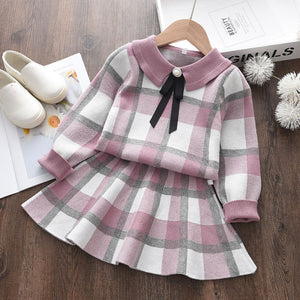 Baby Girl's Round Neck Long Sleeve Plaid Pattern Pleated Skirt Set