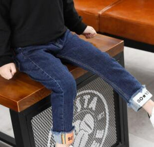 Kid's Low Elastic Waist Plain Ankle-Length Side Pocket Denim Jeans