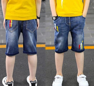 Kid's Low Elastic Waist Embroidery Side Pocket Denim Slim Shorts