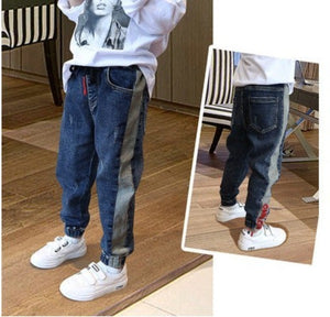 Kid's Low Elastic Band Waist Plain Side Pocket Denim Slim Jeans