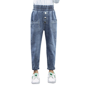 Kid's Low Elastic Waist Embroidery Side Pocket Denim Slim Jeans