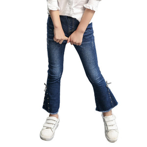Kid's Low Elastic Waist Embroidery Side Pocket Denim Slim Jeans