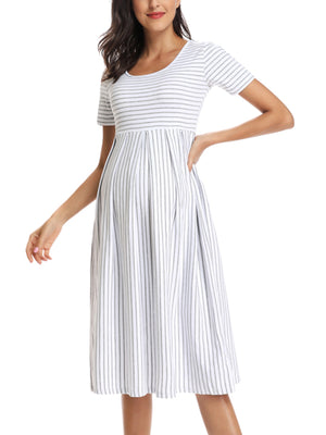 Women’s Round Neck Short Sleeve Striped Knee-Length Flared Dress