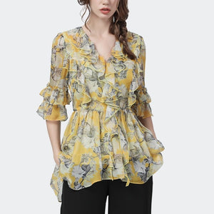 Women's V-Neck Floral Ruffle Pattern Sleeves Flare Chic Blouse