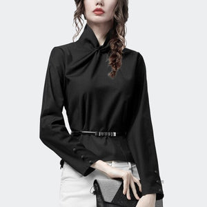 Women's Stand Collar Long Plain Sleeves With Belt Chic Blouse