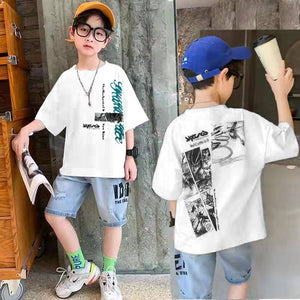 Kid's O-Neck Short Sleeve Baggy Style Shirt With Jeans Set