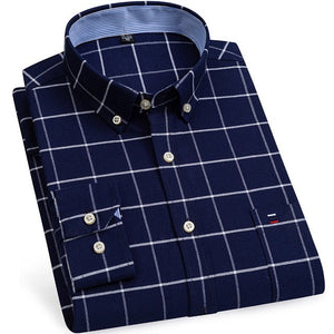 Men's Cotton Turn Down Collar Long Sleeve Plaid Formal Shirt