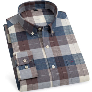 Men's Cotton Turn Down Collar Long Sleeve Plaid Formal Shirt