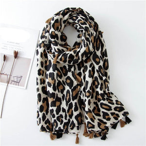 Women's Cotton Leopard Printed Neck Wrap Winter Tassel Scarves