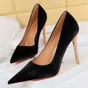 Women's High Heels Silk Slip-On Pointed Toe Formal Shoes