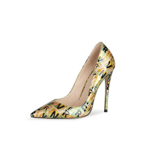 Women's Silk Pointed Toe Printed Shallow High Heels Shoes
