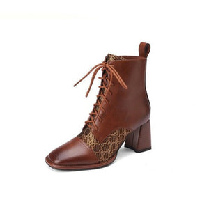 Women's Leather Pointed Toe Patchwork Lace Up Ankle Boots