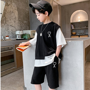 Kid's O-Neck Short Sleeve Patchwork Shirt With Trouser Set