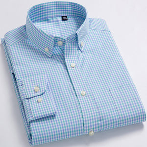 Men's Turndown Collar Long Sleeve Micro Plaid Pattern Casual Shirt