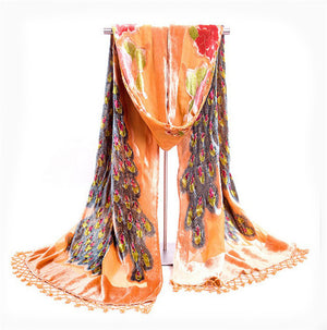 Women's Sheer Floral Embroidery Long Neck Wrap Tassel Scarves