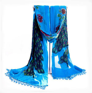 Women's Sheer Floral Embroidery Long Neck Wrap Tassel Scarves