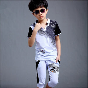 Kid's Turn-down Collar Short Sleeve Printed T-Shirt With Pocket Pant