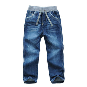 Kid's Elastic Drawstring Waist Plain Side Pockets Denim Jeans