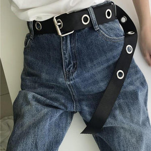 Women's Thin Leather Alloy Round Hole Pattern Pin Buckle Belts