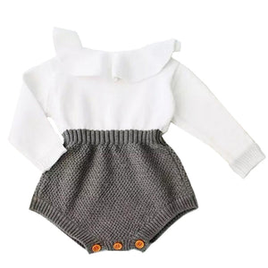 Baby Girl's Ruffle Neck Long Sleeve Button Closure Knitted Romper