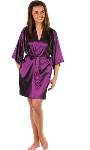 Women's Silk Open Stitch Flare Sleeve Plain Belted Waist Nightgown