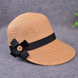 Women's Round Linen Straw Bow-Knot Strap Brim Sun Hats