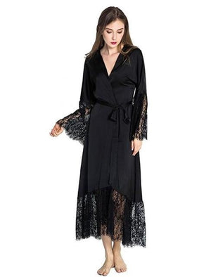 Women's Open Stitch Long Flare Sleeve Lace Belted Waist Nightgown