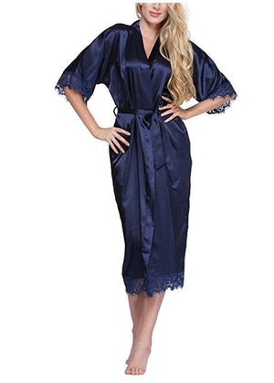 Women's Open Stitch Lace Flare Sleeve Belted Waist Long Nightgown