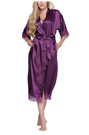 Women's Open Stitch Half Lace Sleeve Plain Belted Waist Nightgown