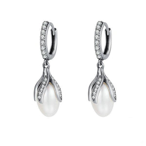 Women's 100% 925 Sterling Silver Petal Zircon With Drop Pearl Earrings