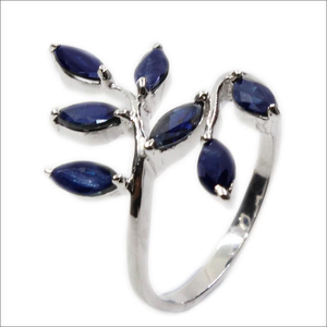 Women's 100% 925 Sterling Silver Leaf Dark Blue Sapphire Ring