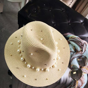 Women's Round Straw Linen Pearl Beading Large Brim Sun Hats