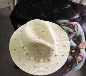 Women's Round Straw Linen Pearl Beading Large Brim Sun Hats