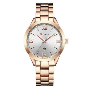 Women's Round Full Stainless Steel Auto Date Clasp Closure Watch